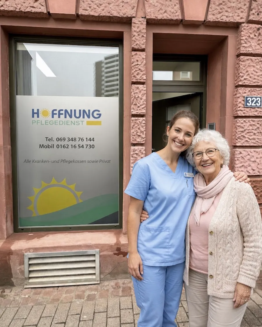 Ambulanter Pflegedienst Frankfurt Bornheim – Pflegekraft und Seniorin vor dem Büro in der Berger Straße